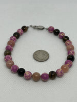 Ankle bracelet in Smokey Onyx, Rhondonite, and man made Pink Stone with a hypoallergenic  stainless steel clasp. EP163.  Free shipping in Con’t USA.