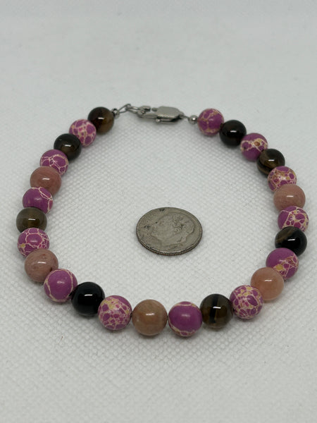 Ankle bracelet in Smokey Onyx, Rhondonite, and man made Pink Stone with a hypoallergenic  stainless steel clasp. EP163.  Free shipping in Con’t USA.