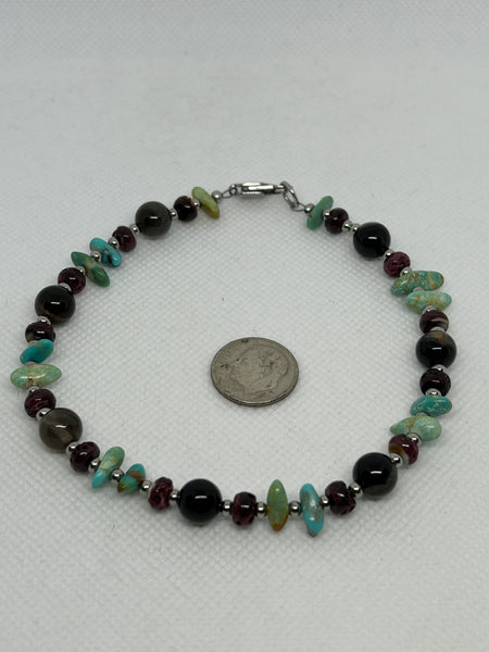 Ankle bracelet with genuine stones (Campitos Turquoise, purple Spiney oyster, and Smokey Onyx with hypoallergenic stainless steel beads and clasp.  EP164 FREE SHIPPING IN THE CONTINENTAL USA.