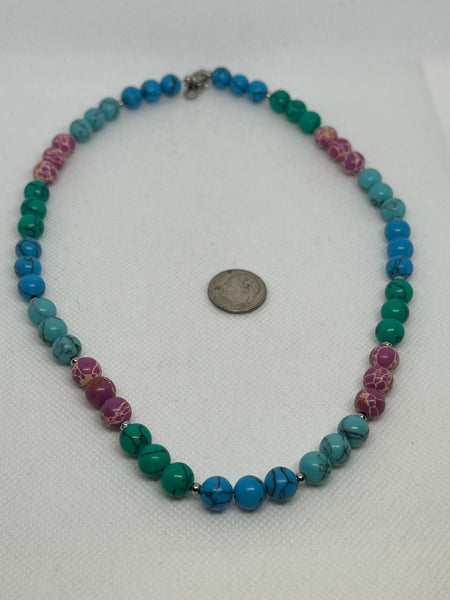 Turquoise and Pink Necklace in 4 color tones with hypoallergenic stainless steel.  18”. EP167 FREE SHIPPING IN THE CONTINENTAL USA.