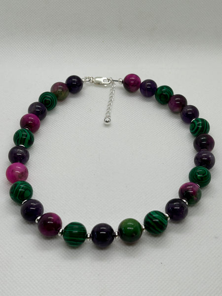 Beautify your Neck, Choker necklace in Amethyst, Malachite, Ruby zoisite, and sterling silver. SR2025  Ships Free in Con't USA