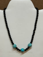 Genuine Black Onyx and recon Turquoise necklace with stainless steel beads and clasps, 17” long.  EP176 FREE SHIPPING IN THE CONTINENTAL USA.