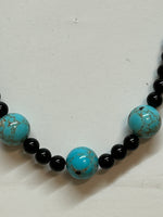 Genuine Black Onyx and recon Turquoise necklace with stainless steel beads and clasps, 17” long.  EP176 FREE SHIPPING IN THE CONTINENTAL USA.