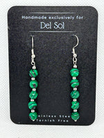 Malachite earrings with stainless steel wires and beads.  EP188  Free Shipping in Con't USA.