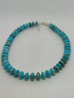 Kingman Turquoise saucer beads (10mm) necklace with sterling silver. Adjustable from 15” to 17”.  SR2070   Ships Free in Con't USA