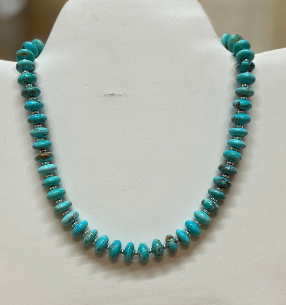 Kingman Turquoise saucer beads (10mm) necklace with sterling silver. Adjustable from 15” to 17”.  SR2070   Ships Free in Con't USA