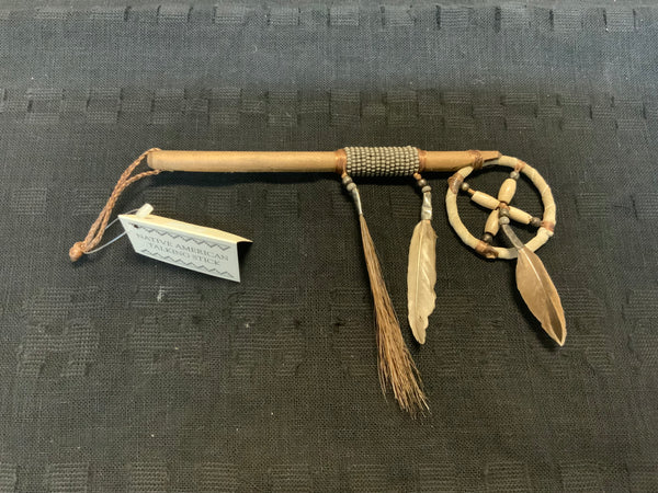 Navajo handcrafted mini Medicine wheel dance stick. 8” long.  LZ136