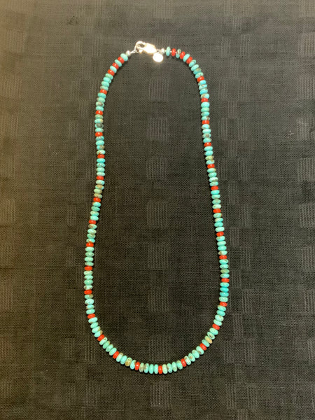 Kingman turquoise and  natural color coral necklace with sterling silver.  21” long, SR1060 FREE SHIPPING IN THE CONTINENTAL USA.