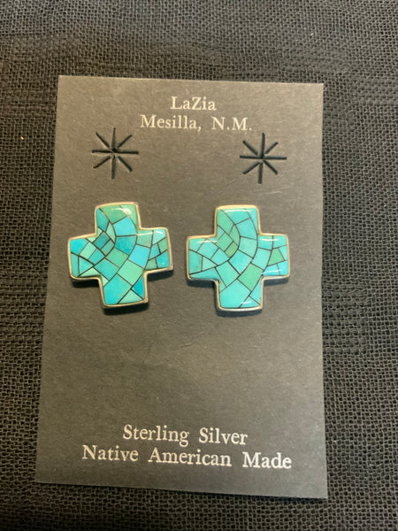 Navajo handcrafted sterling silver and mosaic inlay genuine turquoise stones.  LZ636