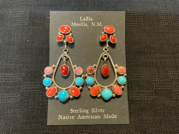 Navajo handcrafted sterling silver earrings with multiple genuine stones.  LZ641