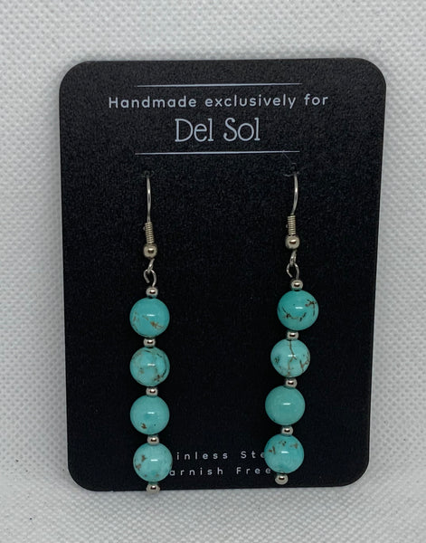 Turquoise stone earrings with hypoallergenic stainless steel beads and ear wires.  EP136 FREE SHIPPING IN THE CONTINENTAL USA.