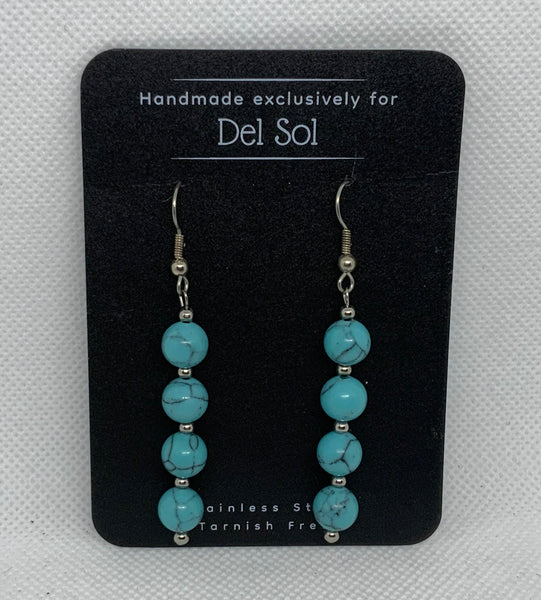 Genuine Howlite stone (dyed turquoise) earrings with hypoallergenic stainless beads and ear wires.  EP134 FREE SHIPPING IN THE CONTINENTAL USA.
