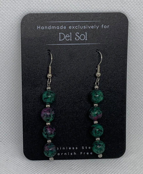 Genuine Ruby Zosite stone earrings with hypoallergenic stainless steel beads and ear wires.  EP131 FREE SHIPPING IN THE CONTINENTAL USA.