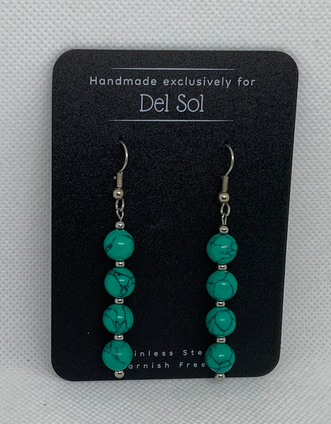 Genuine Howlite stone ( dyed turquoise) earrings with hypoallergenic stainless steel beads and wires.  EP130 FREE SHIPPING IN THE CONTINENTAL USA.