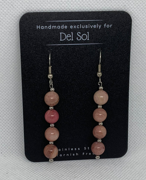 Genuine Rhondonite stone earrings with hypoallergenic stainless steel beads and wires.  EP129 FREE SHIPPING IN THE CONTINENTAL USA.