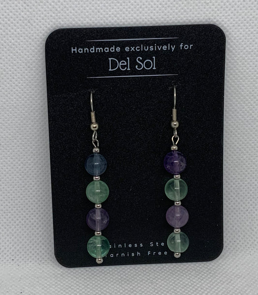 Genuine Flourite stone earrings with hypoallergenic beads and ear wires. EP125 FREE SHIPPING IN THE CONTINENTAL USA.
