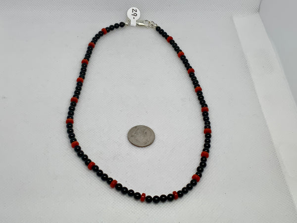 Genuine Red Coral and black onyx (4mm) in a 16” necklace with sterling silver.  SR2043   Ships Free in Con't USA
