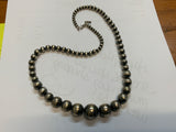 Navajo style pearl beads in sterling silver, 22”. 4mm to 16mm. 22” long.  SR2062   Ships Free in Con't USA
