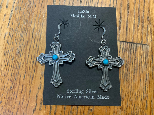 Navajo handcrafted sterling silver cross earrings with genuine turquoise stones.  LZ640