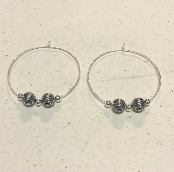 Decorated Bead hoop earrings in 45mm size, sterling silver by A.S;