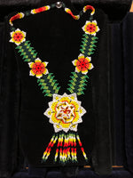 Yellow, green and orange floral necklace in glass seed beads