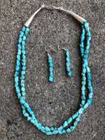 Genuine Campitos Turquoise in matte finish with sterling silver 2 strand necklace.  with matching earrings , 18” necklace, by A.S.  CAMP19