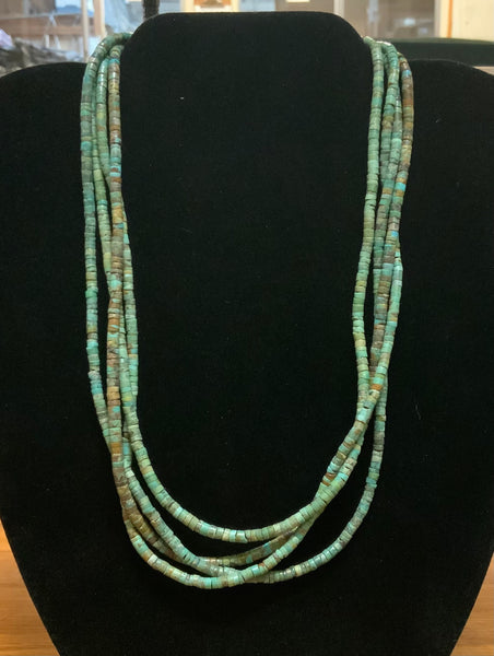 Natural green turquoise heishi in 4 strand with sterling silver 17.5”. By A.S.  CAMP14 FREE SHIPPING IN THE CONTINENTAL USA.