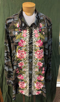 Camo blouse with intense embroidery on front.
