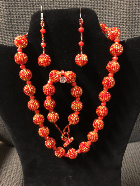 Guatemalan handcrafted beadwork necklace, bracelet and earrings set. 18” necklace, 7.5” bracelet