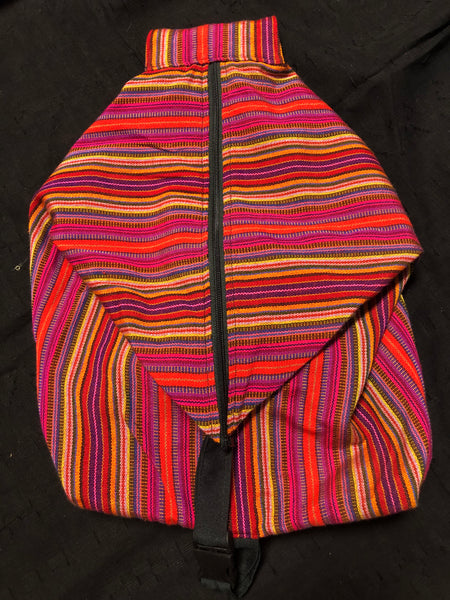 Guatemalan Seagull backpack/ shoulder bag in handwoven cotton fabric. 16” x 17” .  Zippered Strap slits to make it a back pack or zips up to become a shoulder bag.