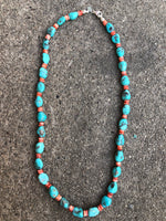 Genuine Campitos Turquoise and Spiney Oyster Shell necklace with sterling silver clasp.  AS503. 24”