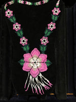 Pink and green hand beaded flower necklace