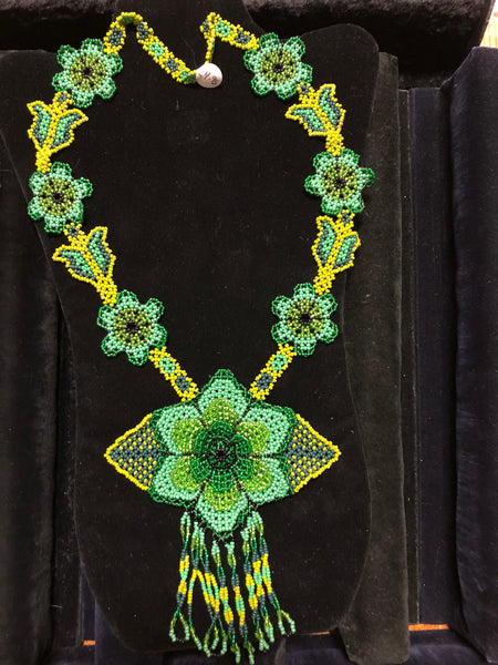 Green and yellow hand beaded necklace 