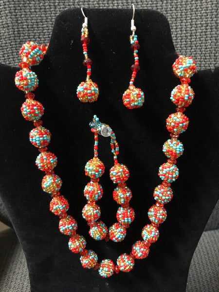 Glass bead balls necklace and earring set with bracelet