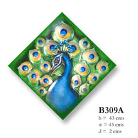 Peacock metal art in blues and greens