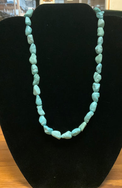 Genuine Campitos Turquoise in matte finish necklace with sterling silver beads and clasp. A.S.    CAMP-1