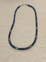 Genuine Lapis, Spiney Oyster Shell, Turquoise and sterling silver necklace.  16” long. JK-48