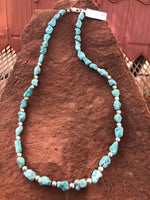 Campitos turquoise in a matte finish with sterling silver fashioned into a 20” necklace.  SR115