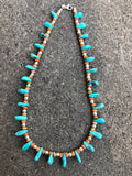 Genuine Turquoise and Spiney Oyster with sterling silver beads and clasp. Navajo Pearl Style. A.S.    AS 505