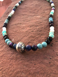 Sterling silver, genuine turquoise, purple tiger eye, mother of Pearl, green sediment Jasper necklace.  SR114 FREE SHIPPING IN THE CONTINENTAL USA.