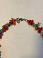 Genuine turquoise with red coral and sterling silver clasp.  18” long by A.S.    AS 603 FREE SHIPPING IN THE CONTINENTAL USA.