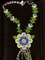 Blue with green floral necklace in seed beads