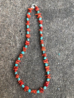 Genuine turquoise with red coral and sterling silver clasp.  18” long by A.S.    AS 603 FREE SHIPPING IN THE CONTINENTAL USA.
