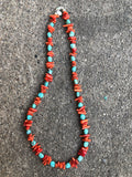 Genuine turquoise with red coral and sterling silver clasp.  18” long by A.S.    AS 603 FREE SHIPPING IN THE CONTINENTAL USA.