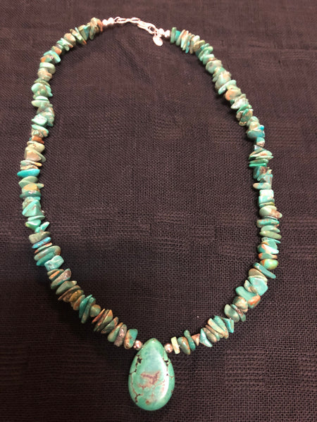 Vintage Genuine Turquoise necklace with sterling silver, 18”, by A.S.   V-103 FREE SHIPPING IN THE CONTINENTAL USA.