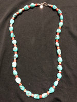 Genuine Campitos Turquoise and Spiney Oyster Shell necklace with sterling silver clasp.  AS503. 24”