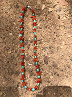 Genuine turquoise with red coral and sterling silver clasp.  18” long by A.S.    AS 603 FREE SHIPPING IN THE CONTINENTAL USA.