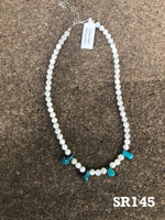Genuine Turquoise and Mother of Pearl with sterling silver in a 14” to 16” adjustable choker length  SR145