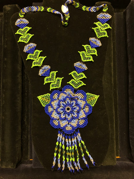 Blue and purple and green seed bead necklace in floral motif 