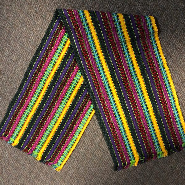 Honeycomb weave colorful table runner.